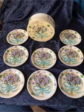 Hand-Painted Floral Coaster Set with Storage Box Japan - Blue Ribbon Bouquet
